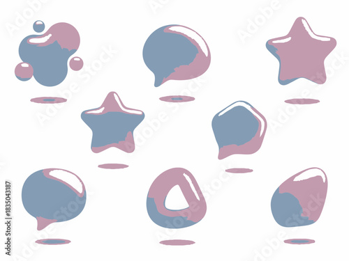 Nine abstract fluid blob shapes softedged glossy twotone pastel blue and pink with varied organic and geometric forms.