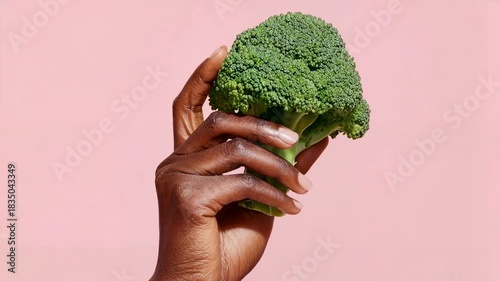 A dark skinned hand holds a bright green piece of broccoli against a pastel backdrop celebrating plant based nutrition fresh vegetables healthy lifestyle choices and modern minimal food advertising wi