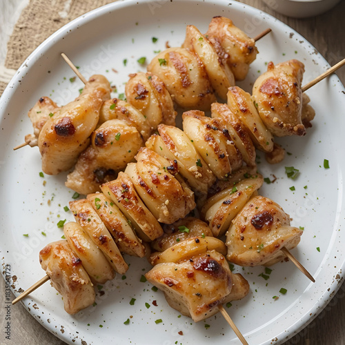 Chicken skewers with slices of apples and chili