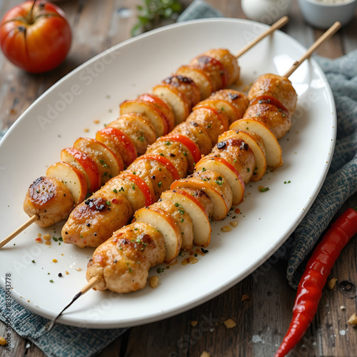 Chicken skewers with slices of apples and chili