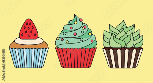 Sweet and colorful cupcakes decorated with strawberry, festive sprinkles, and green succulent topping