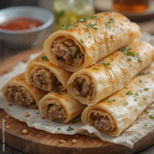 Lavash rolls with meat on the table