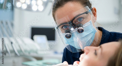 Woman wearing a mask and glasses is examining a woman's teeth