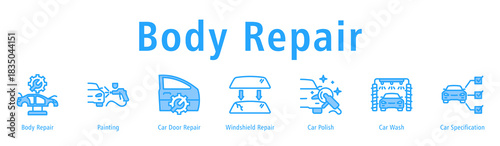 Body Repair web banner icon vector illustration with icons of Body Repair, Painting, Car Door Repair, Windshield Repair, Car Polish, Car Wash and Car Specification.