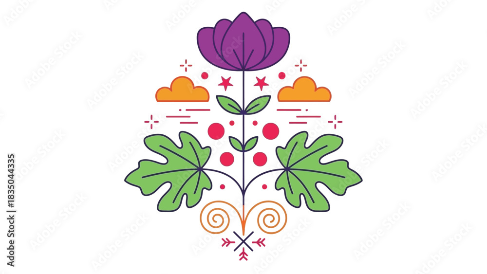 Obraz premium Whimsical stylized flower with leaves, clouds, and decorative elements