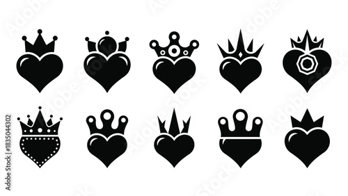 Collection of stylized heart icons adorned with diverse crown designs.