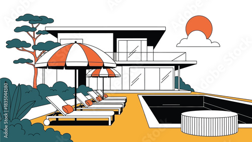 Modern luxury villa with swimming pool and sun loungers on a bright sunny day