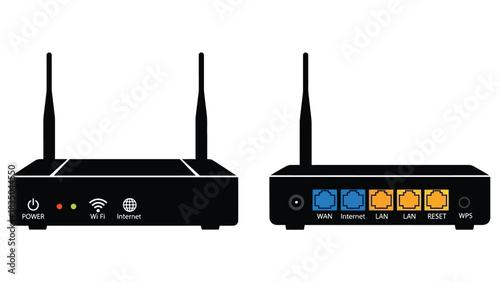 Modern wireless internet router viewed from front and back, showcasing connectivity ports.