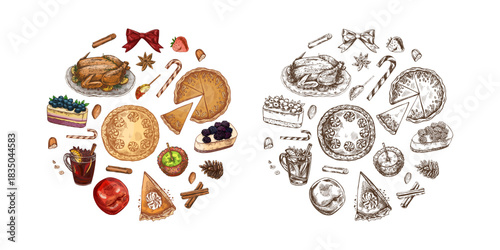 Hand drawn vintage sketch of round Christmas dinner and dessert set in color and monochrome festive version