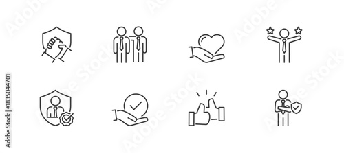 Trust Building icon set containing trust, reliance, sincerity, competence, credibility, assurance, commitment and integrity vector icons