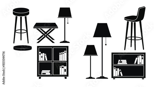 Collection of modern black furniture and lighting for home decor