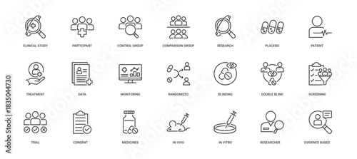 Clinical Trial icon set containing clinical study, participant, control group, comparison group, research, placebo, patient, treatment, randomized, double-blind, medicines, in vivo and in vitro