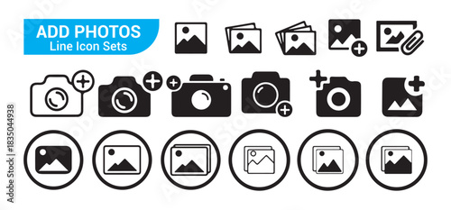 Add photos line icon sets concept showing various camera and image icons with plus signs for adding media