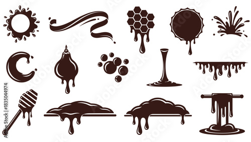 Rich liquid chocolate elements and splashes for sweet designs and desserts