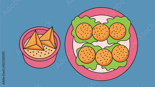Simple illustration of a bowl of dips with triangular crackers and a plate of round cookies on lettuce.