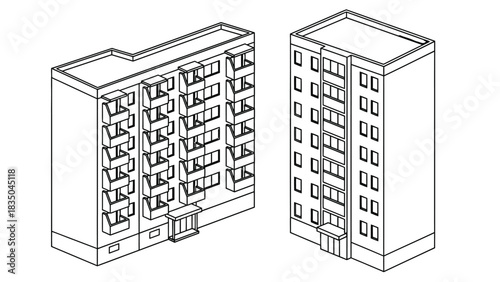 Architectural line drawings of modern apartment buildings with balconies