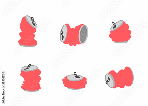A set of crushed soda can illustrations in various shapes, perfect for recycling, waste management, and environmental graphic design projects.