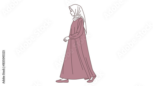 Young woman in hijab and modest dress walking confidently, isolated on white background