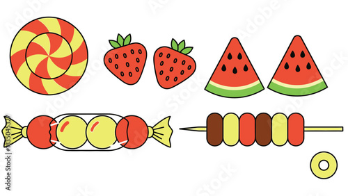 Vibrant assortment of colorful candies and fruit slices, a sweet collection for celebrations