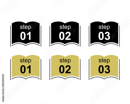 黒と金の2色展開で、本のシルエットに「step 01・02・03」を配置したステップ番号アイコンセット。手順説明やインフォグラフィックに使いやすいベクターイラスト素材 あしらい