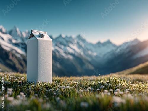 a white milk carton standing on a grassy field with small white flowers. In the background, there are majestic snow-capped mountains under a clear blue sky.