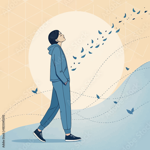 Person in blue walking outdoors with falling leaves