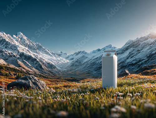 a white milk carton standing on a grassy field with small white flowers. In the background, there are majestic snow-capped mountains under a clear blue sky.