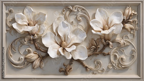 Three Dimensional Relief Featuring White Magnolia Flowers With Detailed Texture And Beige Tones
