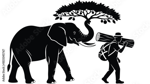 Man and elephant carrying tree and log symbolize nature's bounty and human endeavor