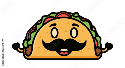 Happy cartoon taco with a mustache smiles cheerfully, ready to be enjoyed.