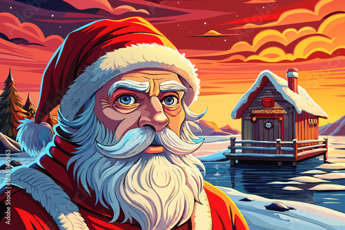 Santa Claus waits near a wooden cabin by a frozen lake, where reflections of winter lights create a warm and inviting Christmas mood