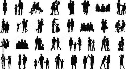 Human silhouette vector set, family and companion poses, emotional interaction clipart, minimalist black figures, lifestyle icons, relationship and bonding graphics