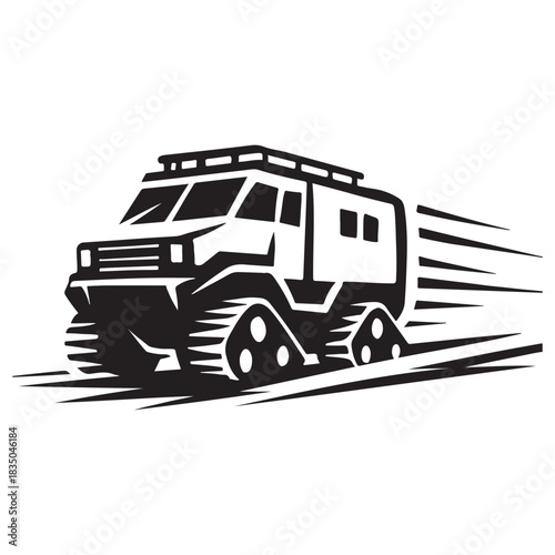 Fast tracked all-terrain expedition camper vehicle retro black and white vector