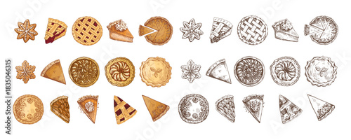 Hand drawn vintage set of holiday pies, cookies, cheesecakes and sweets in color and monochrome on white background
