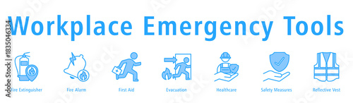 Workplace Emergency Tools banner showing Fire Extinguisher, Fire Alarm, First Aid, Evacuation, Healthcare, Measures, and Vest.