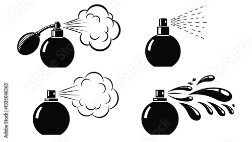 Elegant perfume bottles releasing mist and splashes, showcasing fragrance and elegance.