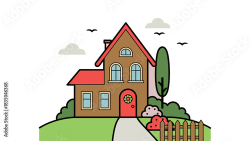 Charming cartoon house nestled on a grassy hill with a path leading to the front door.