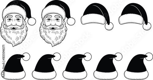 Santa face and hat illustration set, festive holiday character variations, black and white Christmas sketch, vector graphic, seasonal design element
