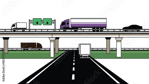 Overhead highway traffic flows smoothly on a multi-level road system.