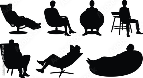 Seated figure silhouette vector set, seven poses in various chair styles and relaxed postures for furniture design, lifestyle, and ergonomics illustration