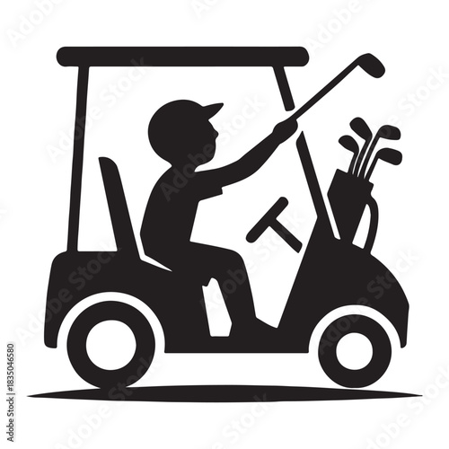 Golfer driving golf cart with clubs silhouette vector icon sport leisure activity