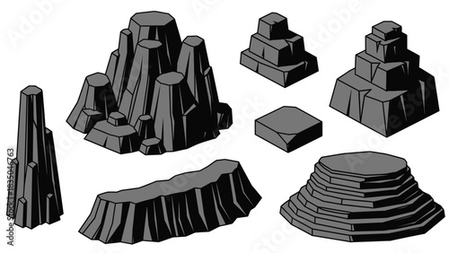 Set of stylized, geometric rock formations and platforms for game design or fantasy landscapes