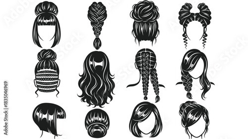 Collection of diverse hairstyles and updos for women, showcasing various braiding and styling techniques.