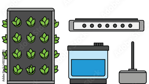 Modern vertical farm system with grow lights and water reservoir for efficient urban agriculture