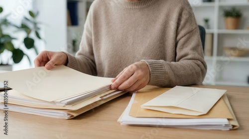 Close up of hands organizing essential business documents and papers on a neat office desk