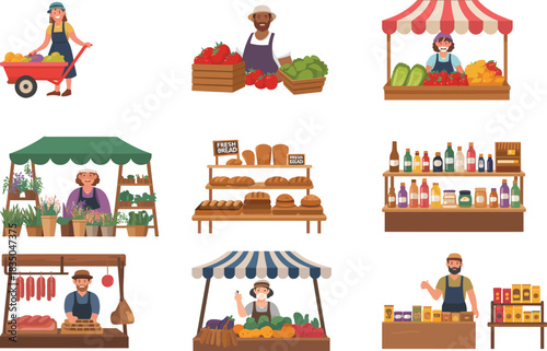 Cartoon market vendor illustration set, fresh produce, bread, beverages, plants, meats, packaged goods, colorful vector stalls, white background