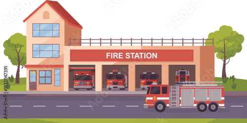 Cartoon fire station illustration with fire trucks, emergency response building, garage bays, road scene, vector infrastructure design, white background