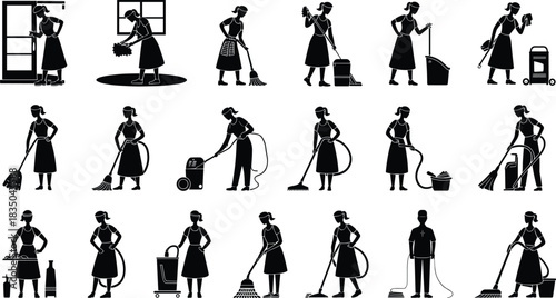 Cleaning activity silhouette vector set, 18 poses showing domestic and professional tasks with tools, equipment, and hygiene actions for service illustration