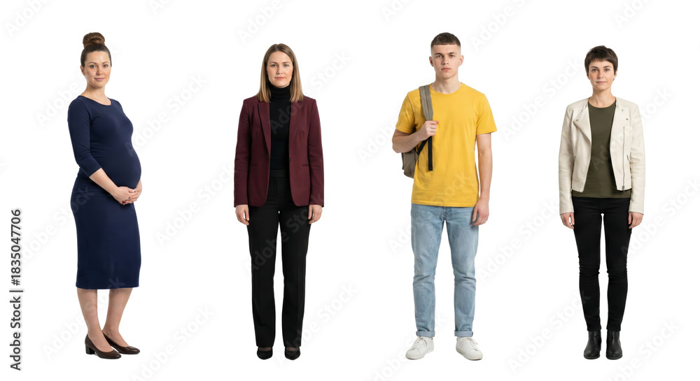 Obraz premium Diverse Group Showcase Presenting a Pregnant Woman, Business Professionals and a Student isolated