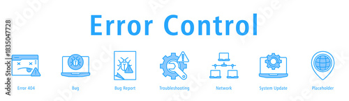 Error Control banner with icons of Error 404, Bug, Bug Report, Troubleshooting, Network, System Update and Placeholder.